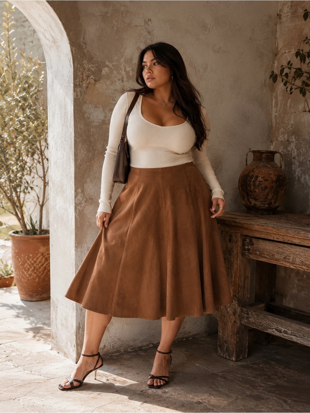 Vintage Banjo Dallas Texas Women's Brown A-Line Midi Skirt Size Large |